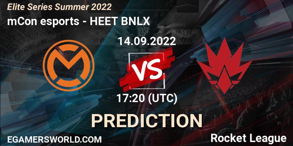 mCon esports contre HEET BNLX : prédiction de match. 14.09.2022 at 17:20. Rocket League, Elite Series Summer 2022