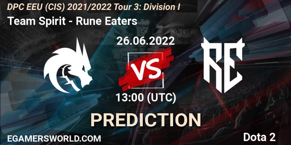 Team Spirit contre Rune Eaters : prédiction de match. 26.06.2022 at 13:01. Dota 2, DPC EEU (CIS) 2021/2022 Tour 3: Division I