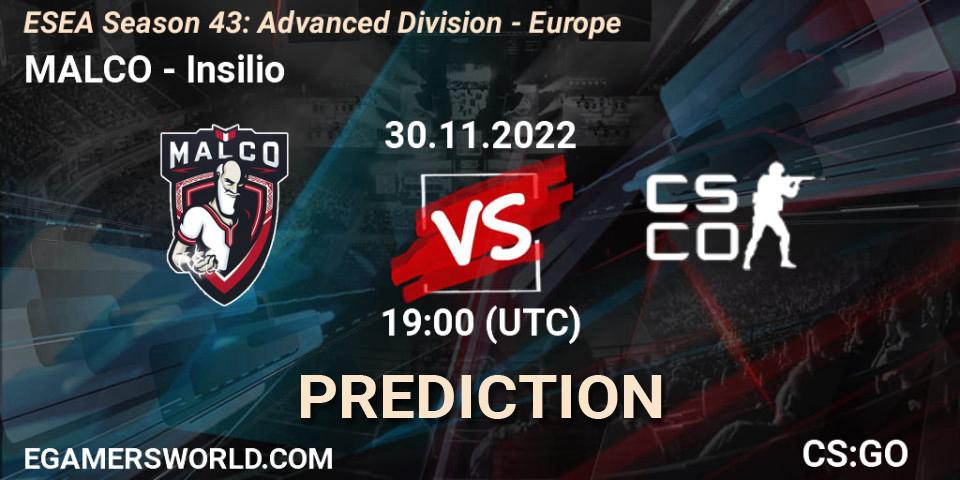 MALCO contre Insilio : prédiction de match. 30.11.2022 at 19:00. Counter-Strike (CS2), ESEA Season 43: Advanced Division - Europe