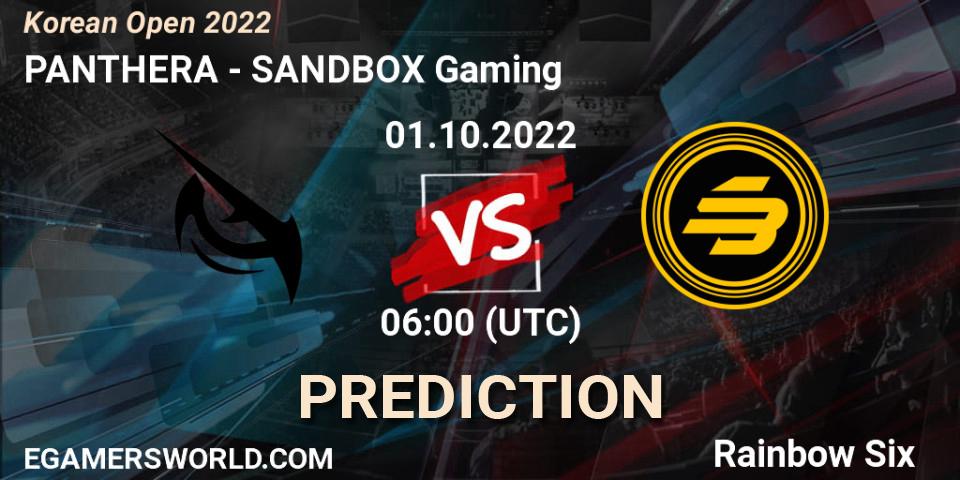PANTHERA contre SANDBOX Gaming : prédiction de match. 01.10.2022 at 06:00. Rainbow Six, Korean Open 2022