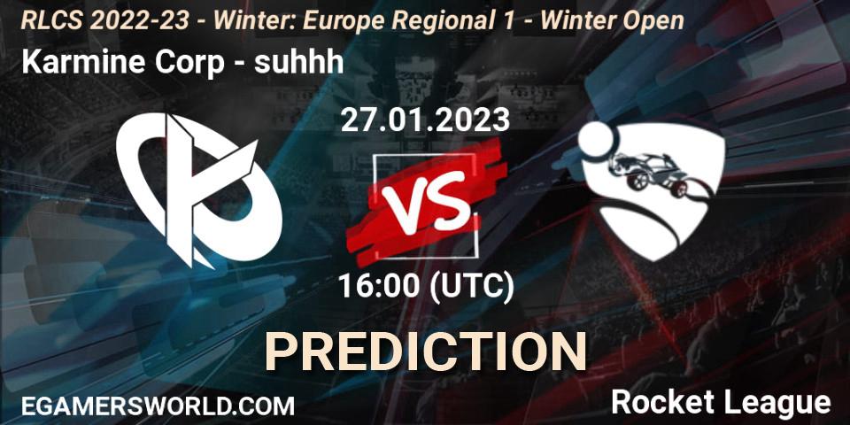 Karmine Corp contre suhhh : prédiction de match. 27.01.2023 at 16:00. Rocket League, RLCS 2022-23 - Winter: Europe Regional 1 - Winter Open