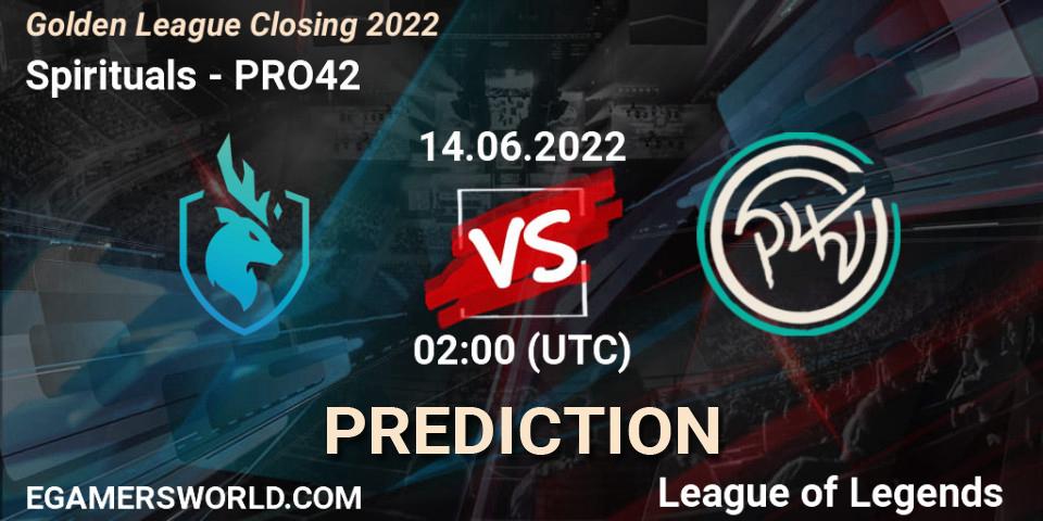 Spirituals contre PRO42 : prédiction de match. 14.06.2022 at 02:00. LoL, Golden League Closing 2022