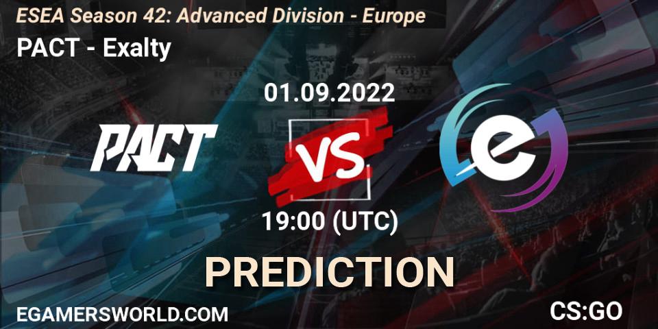 PACT contre Exalty : prédiction de match. 01.09.2022 at 19:00. Counter-Strike (CS2), ESEA Season 42: Advanced Division - Europe