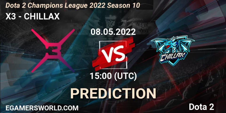 X3 contre CHILLAX : prédiction de match. 08.05.2022 at 15:00. Dota 2, Dota 2 Champions League 2022 Season 10 