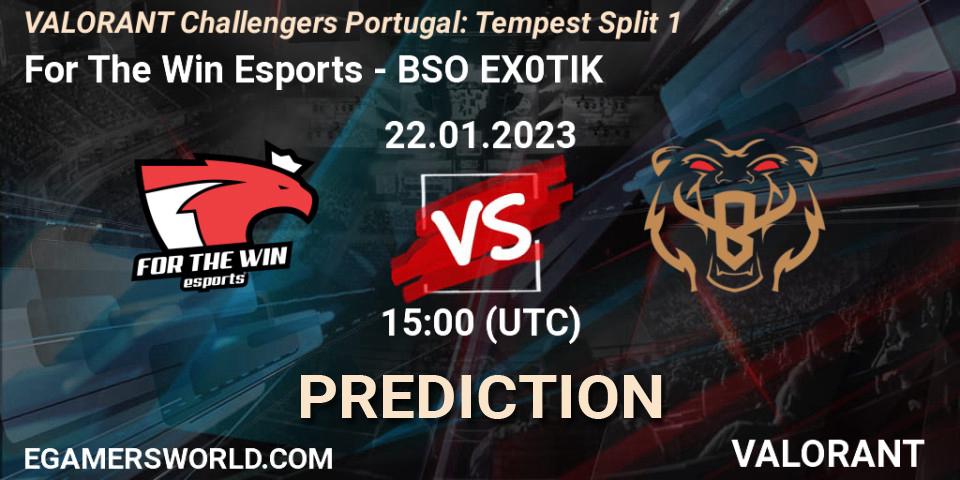 For The Win Esports contre BSO EX0TIK : prédiction de match. 22.01.2023 at 15:00. VALORANT, VALORANT Challengers 2023 Portugal: Tempest Split 1