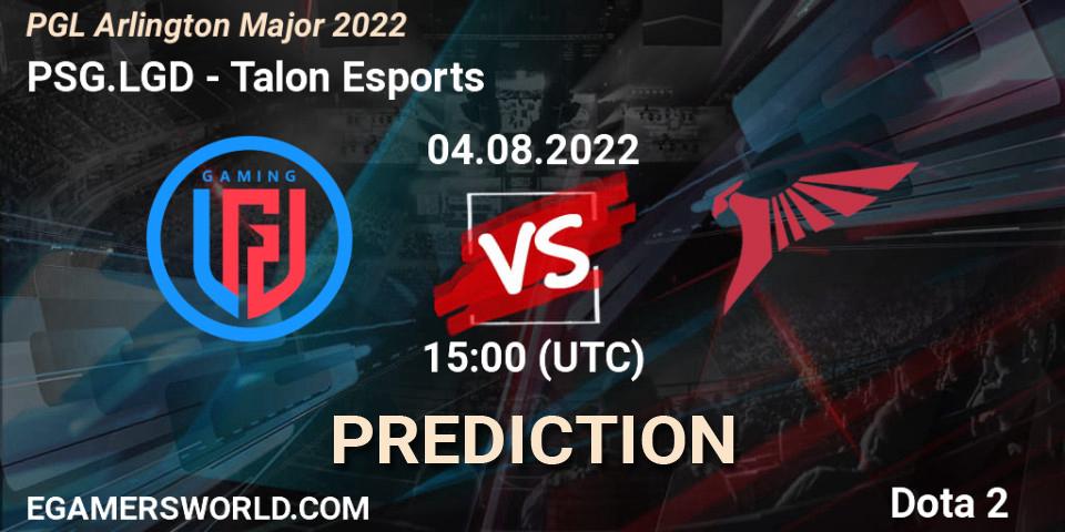 PSG.LGD contre Talon Esports : prédiction de match. 04.08.2022 at 15:05. Dota 2, PGL Arlington Major 2022 - Group Stage