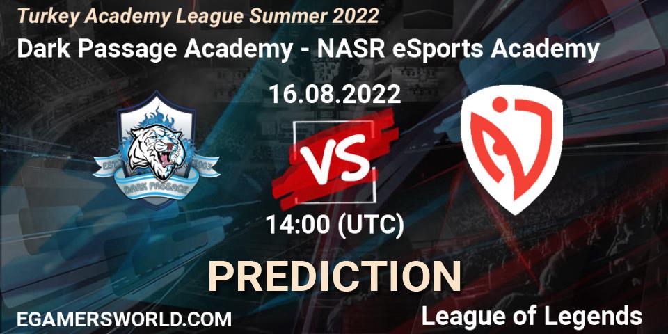 Dark Passage Academy contre NASR eSports Academy : prédiction de match. 16.08.2022 at 14:00. LoL, Turkey Academy League Summer 2022