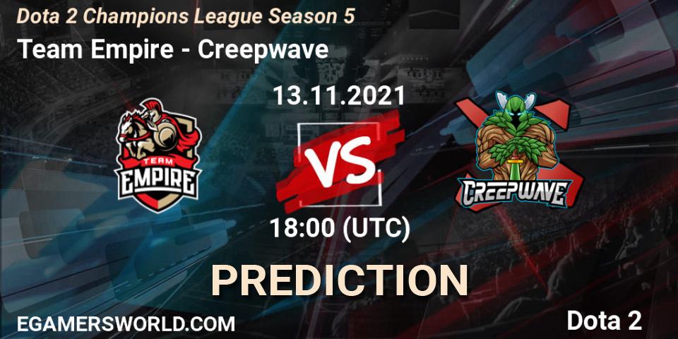 Team Empire contre Creepwave : prédiction de match. 13.11.2021 at 19:16. Dota 2, Dota 2 Champions League 2021 Season 5