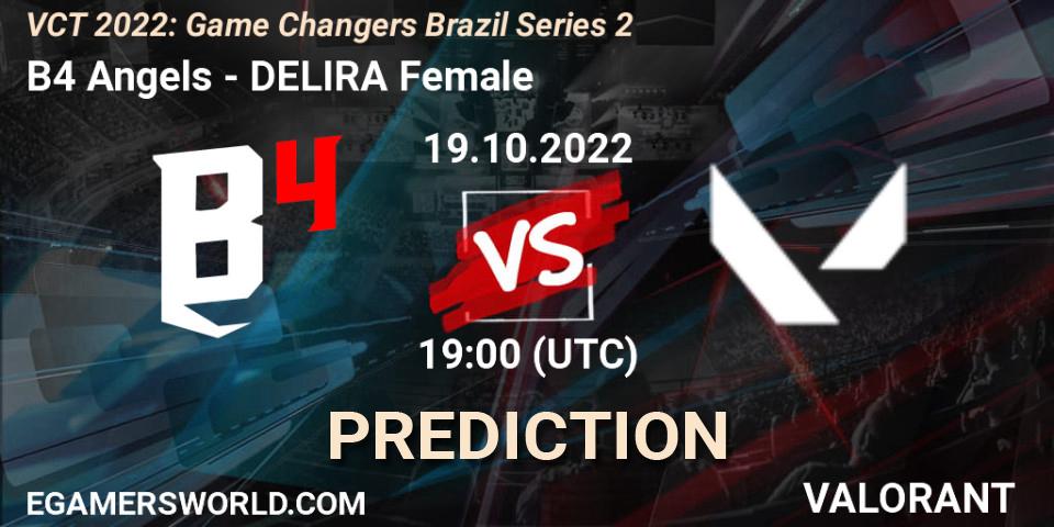 B4 Angels contre DELIRA Female : prédiction de match. 19.10.2022 at 19:00. VALORANT, VCT 2022: Game Changers Brazil Series 2
