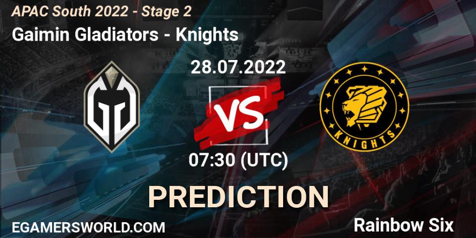 Gaimin Gladiators contre Knights : prédiction de match. 28.07.2022 at 07:30. Rainbow Six, APAC South 2022 - Stage 2