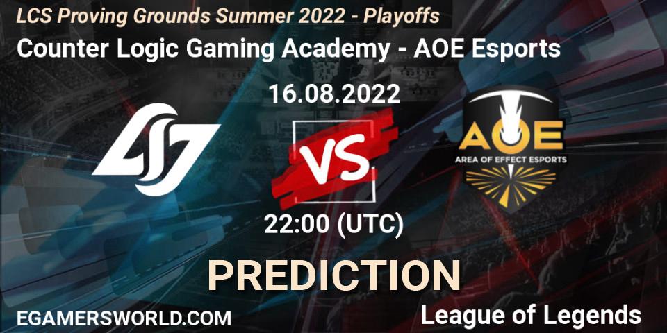 Counter Logic Gaming Academy contre AOE Esports : prédiction de match. 16.08.2022 at 22:00. LoL, LCS Proving Grounds Summer 2022 - Playoffs