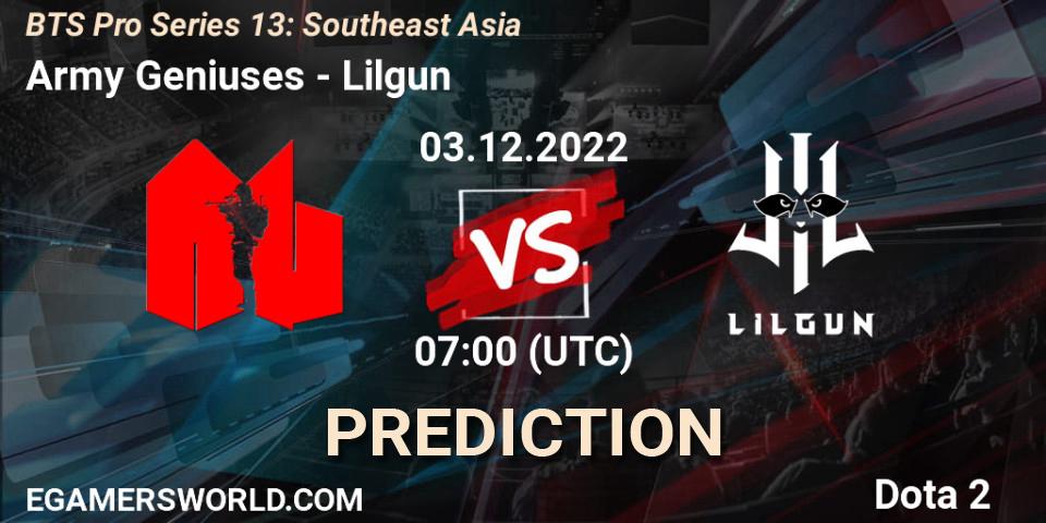 Army Geniuses contre Lilgun : prédiction de match. 03.12.22. Dota 2, BTS Pro Series 13: Southeast Asia