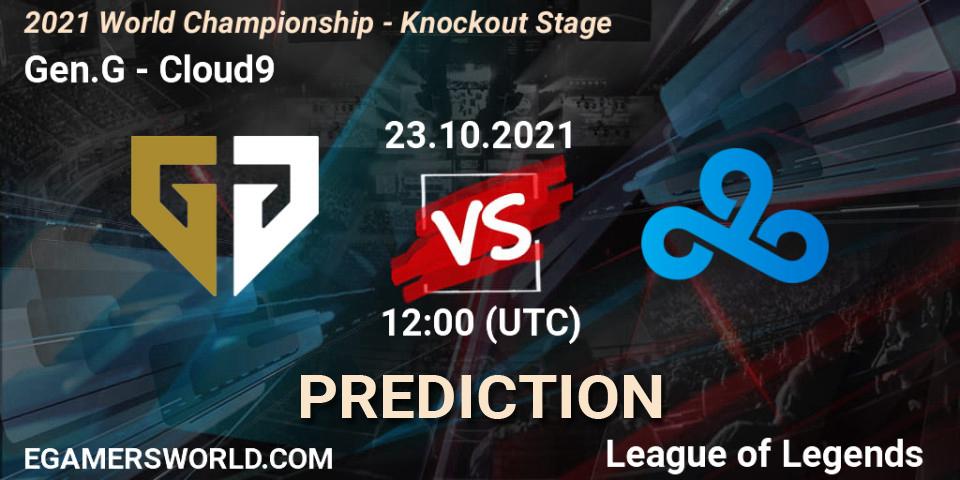 Gen.G contre Cloud9 : prédiction de match. 25.10.2021 at 12:00. LoL, 2021 World Championship - Knockout Stage