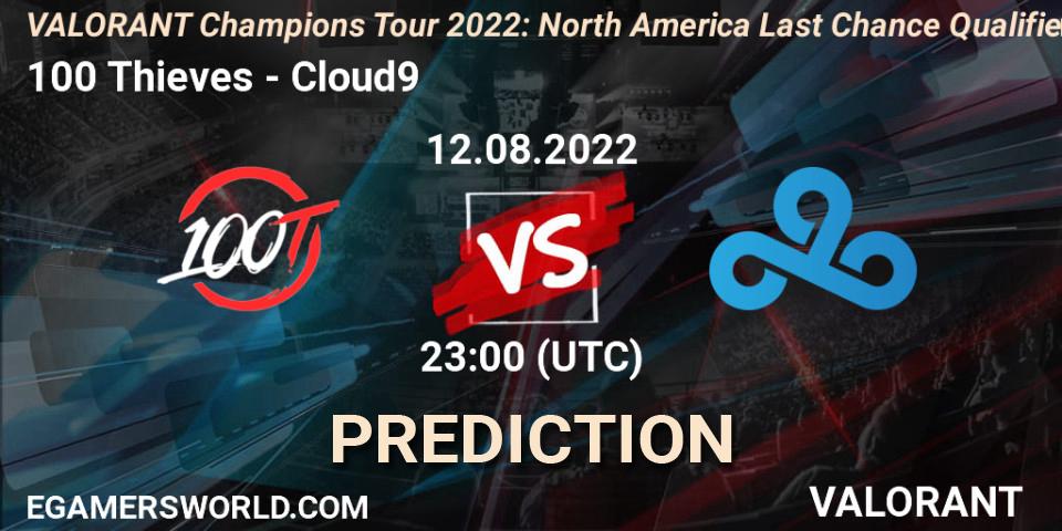 100 Thieves contre Cloud9 : prédiction de match. 12.08.2022 at 22:30. VALORANT, VCT 2022: North America Last Chance Qualifier