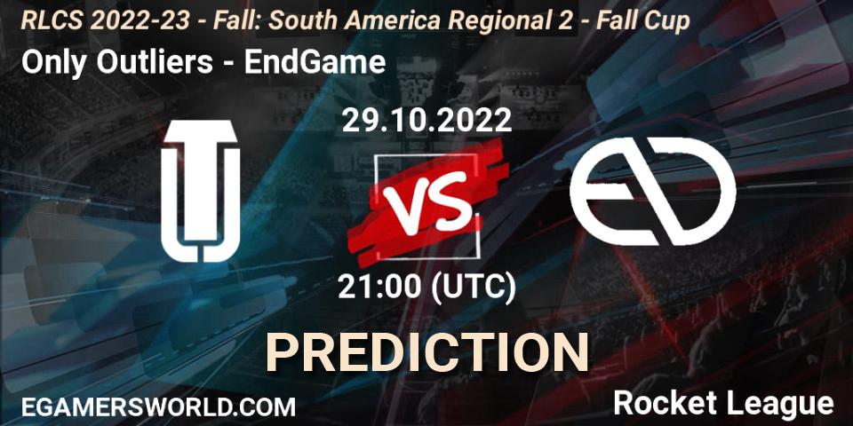 Only Outliers contre EndGame : prédiction de match. 29.10.2022 at 21:00. Rocket League, RLCS 2022-23 - Fall: South America Regional 2 - Fall Cup