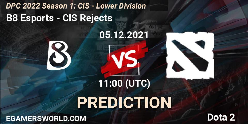 B8 Esports contre CIS Rejects : prédiction de match. 05.12.2021 at 11:01. Dota 2, DPC 2022 Season 1: CIS - Lower Division