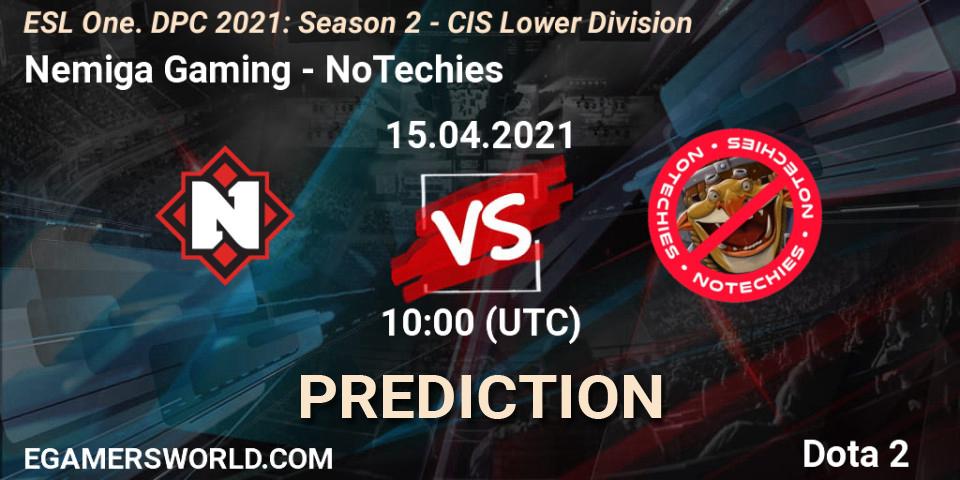 Nemiga Gaming contre NoTechies : prédiction de match. 15.04.2021 at 09:56. Dota 2, ESL One. DPC 2021: Season 2 - CIS Lower Division