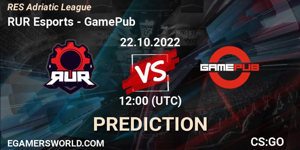 RUR Esports contre GamePub : prédiction de match. 22.10.2022 at 12:00. Counter-Strike (CS2), RES Adriatic League