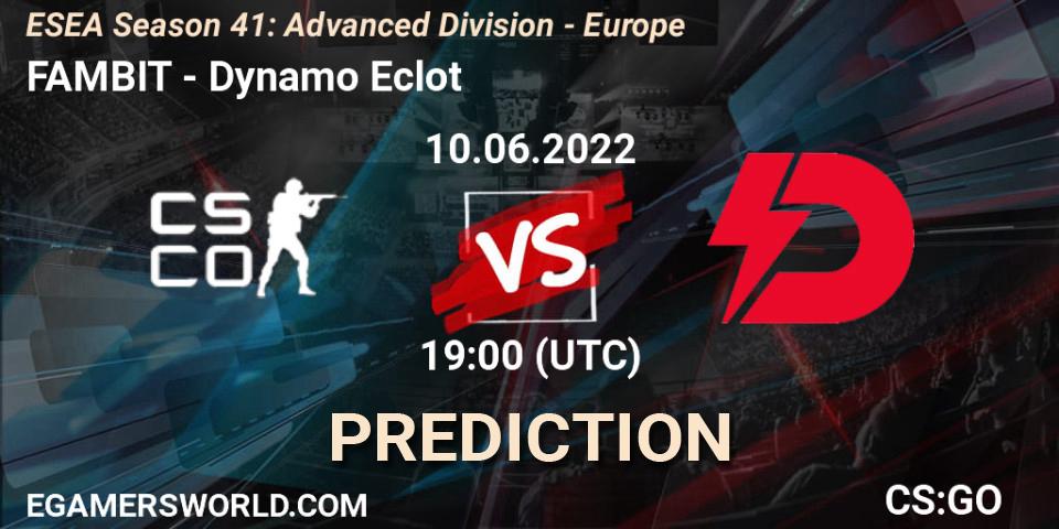 FAMBIT contre Dynamo Eclot : prédiction de match. 10.06.2022 at 19:00. Counter-Strike (CS2), ESEA Season 41: Advanced Division - Europe