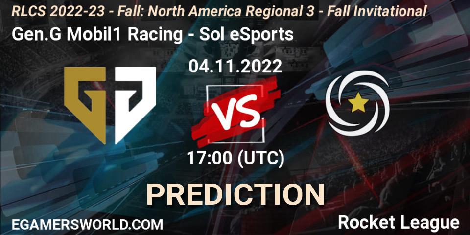 Gen.G Mobil1 Racing contre Sol eSports : prédiction de match. 04.11.2022 at 17:00. Rocket League, RLCS 2022-23 - Fall: North America Regional 3 - Fall Invitational