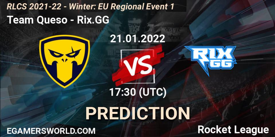 Team Queso contre Rix.GG : prédiction de match. 21.01.2022 at 17:30. Rocket League, RLCS 2021-22 - Winter: EU Regional Event 1