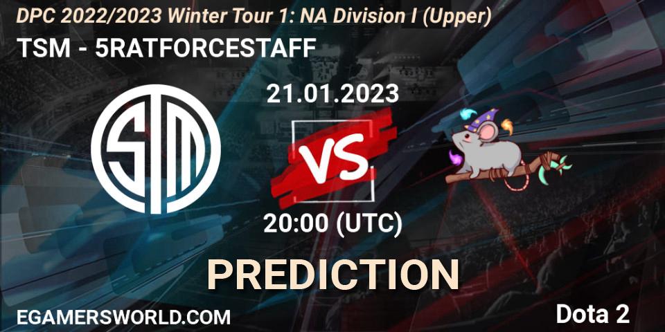 TSM contre 5RATFORCESTAFF : prédiction de match. 21.01.2023 at 19:59. Dota 2, DPC 2022/2023 Winter Tour 1: NA Division I (Upper)