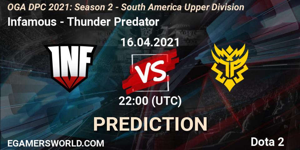 Infamous contre Thunder Predator : prédiction de match. 16.04.2021 at 23:05. Dota 2, OGA DPC 2021: Season 2 - South America Upper Division