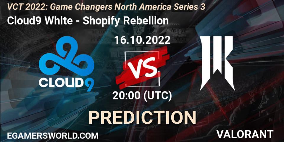 Cloud9 White contre Shopify Rebellion : prédiction de match. 16.10.2022 at 20:10. VALORANT, VCT 2022: Game Changers North America Series 3