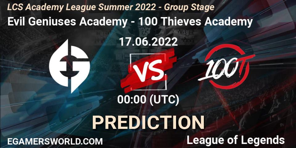 Evil Geniuses Academy contre 100 Thieves Academy : prédiction de match. 17.06.2022 at 00:00. LoL, LCS Academy League Summer 2022 - Group Stage