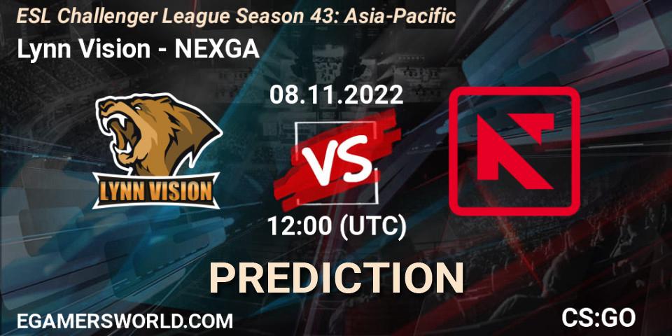 Lynn Vision contre NEXGA : prédiction de match. 08.11.2022 at 12:00. Counter-Strike (CS2), ESL Challenger League Season 43: Asia-Pacific