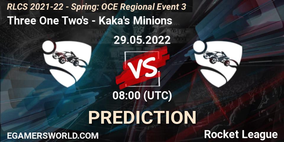 Three One Two's contre Kaka's Minions : prédiction de match. 29.05.2022 at 08:00. Rocket League, RLCS 2021-22 - Spring: OCE Regional Event 3