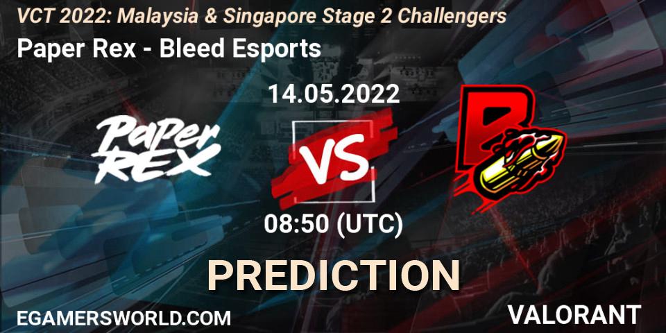 Paper Rex contre Bleed Esports : prédiction de match. 14.05.2022 at 08:50. VALORANT, VCT 2022: Malaysia & Singapore Stage 2 Challengers