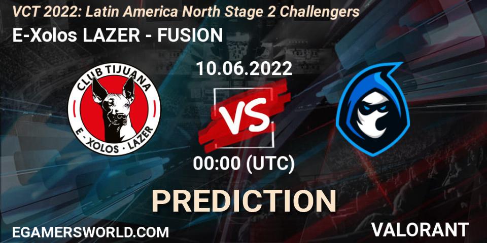 E-Xolos LAZER contre FUSION : prédiction de match. 10.06.2022 at 00:00. VALORANT, VCT 2022: Latin America North Stage 2 Challengers