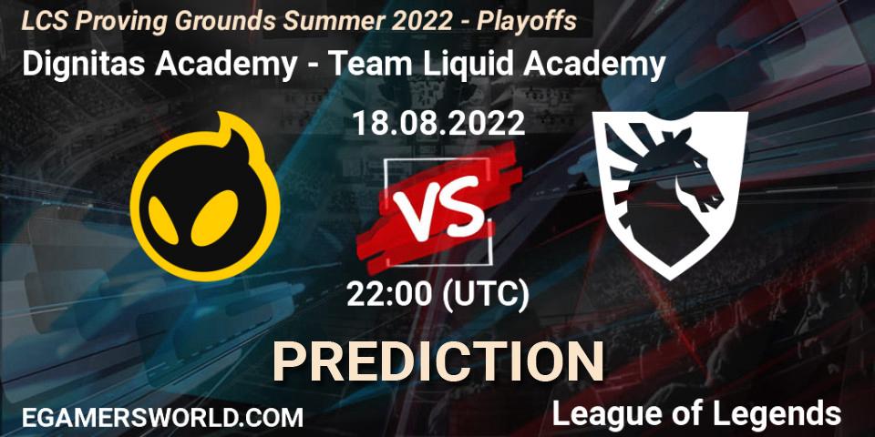 Dignitas Academy contre Team Liquid Academy : prédiction de match. 18.08.2022 at 22:00. LoL, LCS Proving Grounds Summer 2022 - Playoffs