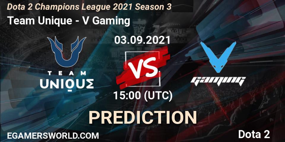 Team Unique contre V Gaming : prédiction de match. 03.09.2021 at 15:00. Dota 2, Dota 2 Champions League 2021 Season 3