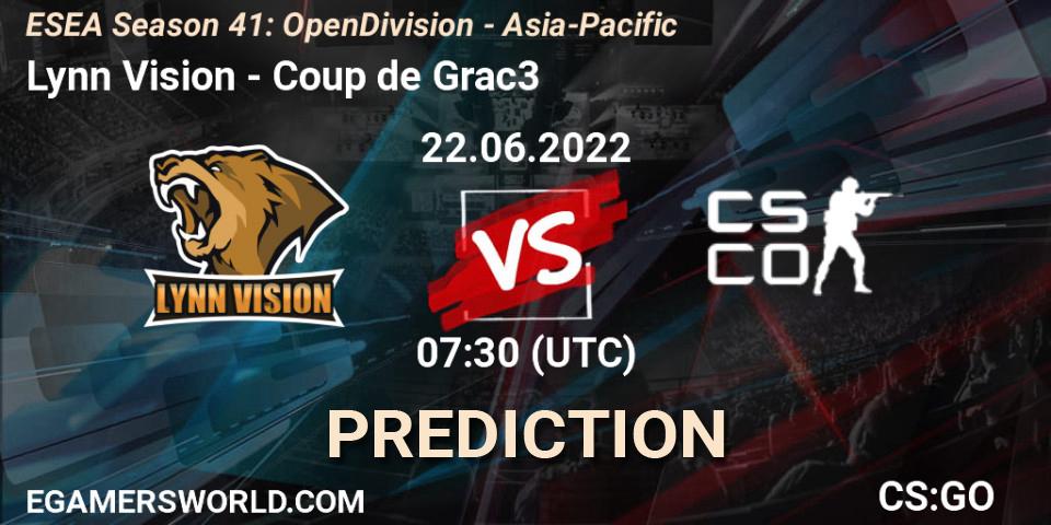Lynn Vision contre Coup de Grac3 : prédiction de match. 22.06.2022 at 07:30. Counter-Strike (CS2), ESEA Season 41: Open Division - Asia-Pacific