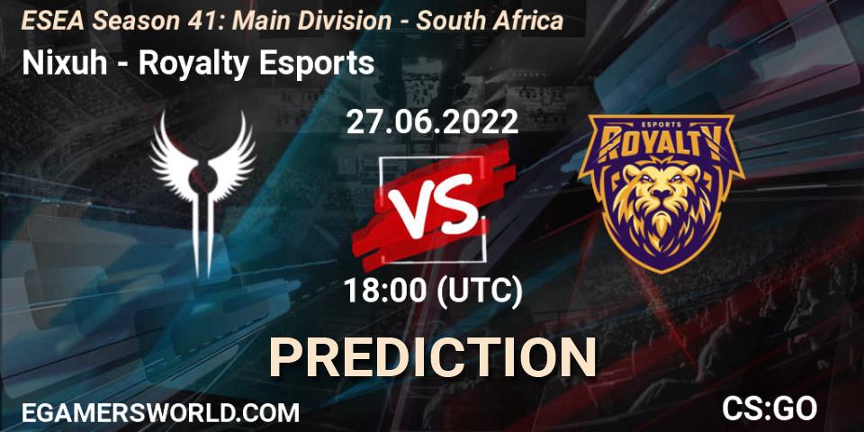Nixuh contre Royalty Esports : prédiction de match. 27.06.2022 at 18:00. Counter-Strike (CS2), ESEA Season 41: Main Division - South Africa