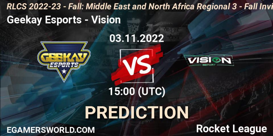 Geekay Esports contre Vision : prédiction de match. 03.11.2022 at 15:00. Rocket League, RLCS 2022-23 - Fall: Middle East and North Africa Regional 3 - Fall Invitational