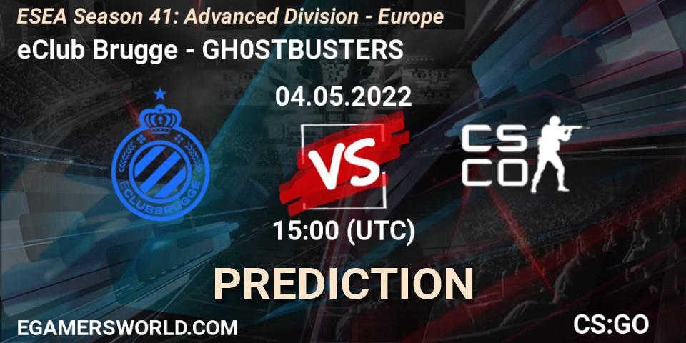 eClub Brugge contre GH0STBUSTERS : prédiction de match. 04.05.2022 at 15:00. Counter-Strike (CS2), ESEA Season 41: Advanced Division - Europe