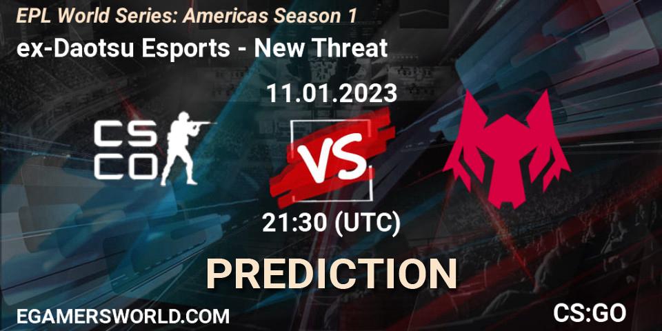 ex-Daotsu Esports contre New Threat : prédiction de match. 11.01.2023 at 22:00. Counter-Strike (CS2), EPL World Series: Americas Season 1