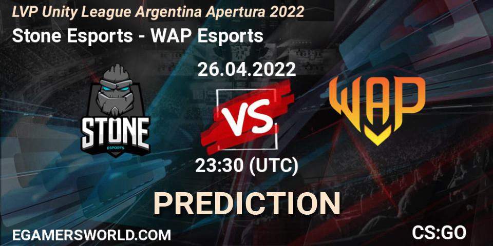 Stone Esports contre WAP Esports : prédiction de match. 26.04.2022 at 23:30. Counter-Strike (CS2), LVP Unity League Argentina Apertura 2022