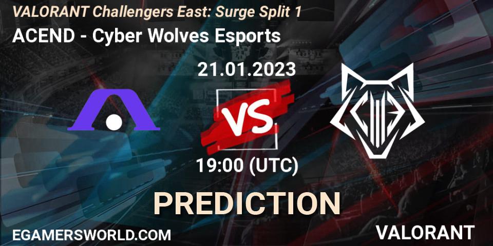 ACEND contre Cyber Wolves Esports : prédiction de match. 21.01.2023 at 19:30. VALORANT, VALORANT Challengers 2023 East: Surge Split 1