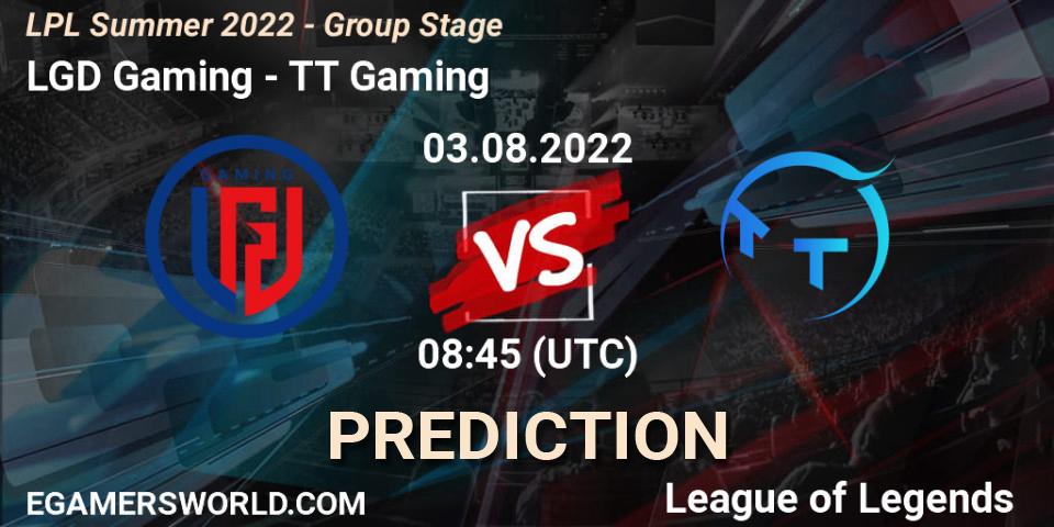 LGD Gaming contre TT Gaming : prédiction de match. 03.08.2022 at 09:00. LoL, LPL Summer 2022 - Group Stage