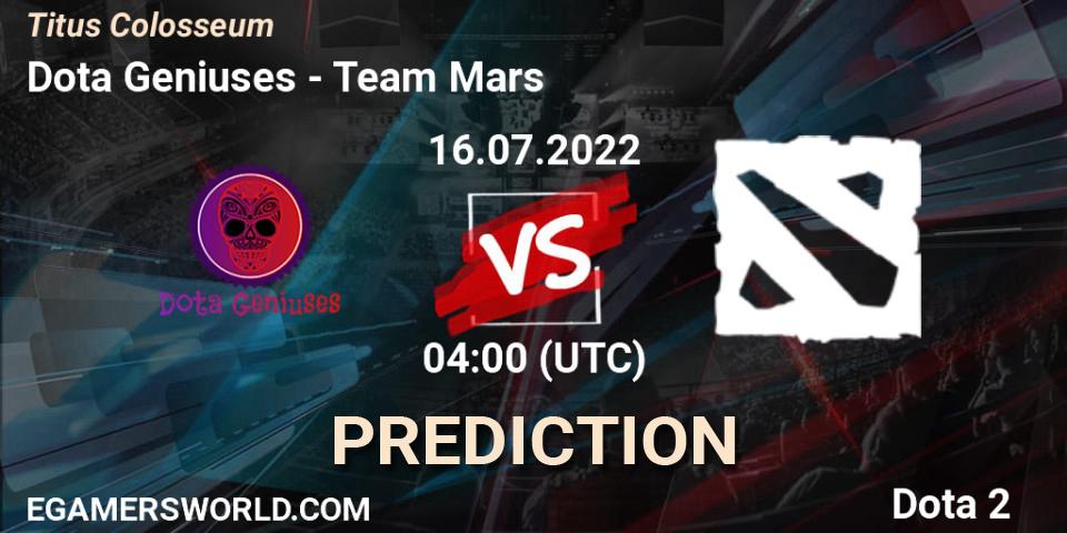 Dota Geniuses contre Team Mars : prédiction de match. 16.07.2022 at 04:06. Dota 2, Titus Colosseum