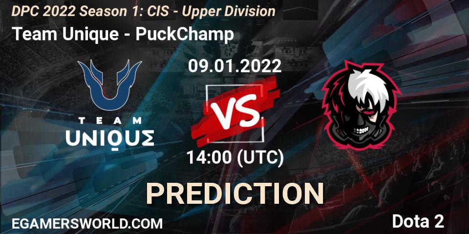Team Unique contre PuckChamp : prédiction de match. 09.01.2022 at 14:00. Dota 2, DPC 2022 Season 1: CIS - Upper Division