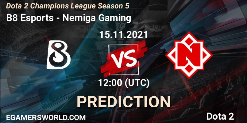 B8 Esports contre Nemiga Gaming : prédiction de match. 15.11.2021 at 12:12. Dota 2, Dota 2 Champions League 2021 Season 5