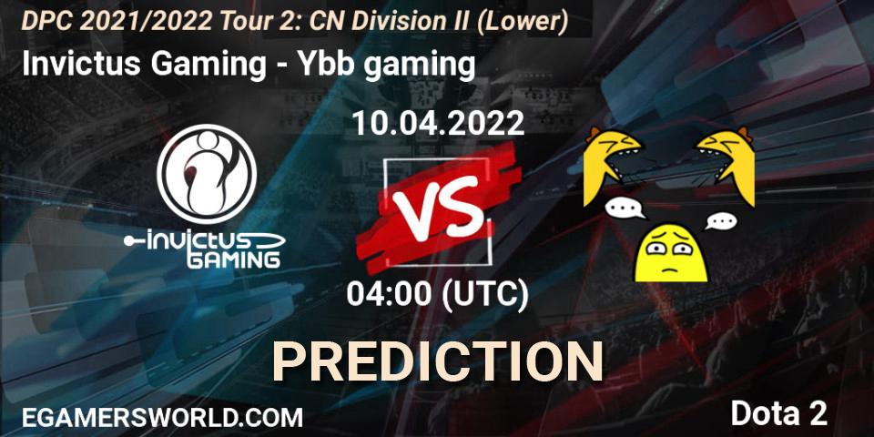 Invictus Gaming contre Ybb gaming : prédiction de match. 19.04.2022 at 04:00. Dota 2, DPC 2021/2022 Tour 2: CN Division II (Lower)