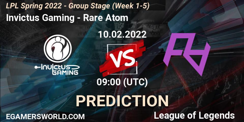 Invictus Gaming contre Rare Atom : prédiction de match. 10.02.2022 at 09:00. LoL, LPL Spring 2022 - Group Stage (Week 1-5)