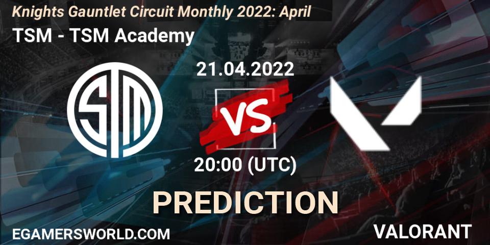 TSM contre TSM Academy : prédiction de match. 21.04.2022 at 20:00. VALORANT, Knights Gauntlet Circuit Monthly 2022: April