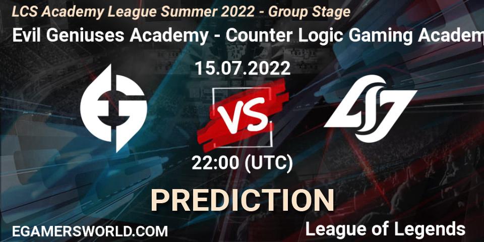 Evil Geniuses Academy contre Counter Logic Gaming Academy : prédiction de match. 15.07.2022 at 22:00. LoL, LCS Academy League Summer 2022 - Group Stage